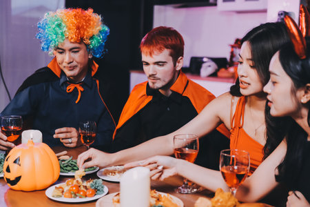 Joyful Halloween party with coworkers in costumes, celebrating with drinks and laughter, fostering teamwork and festive spiritの写真素材