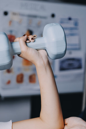 old woman training with physiotherapist using dumbbells at home therapist assisting senior woman with exercises in nursing home elderly patient using dumbbells with outstretched arms no logos no branの写真素材