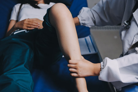 Rehabilitation therapy Professional male physiotherapists working in rehabilitation centers while treating male patients with leg and muscle pain.の写真素材