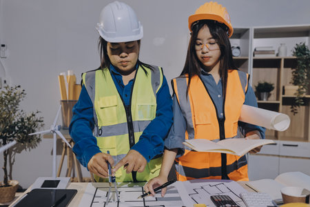 Architects and engineers working collaboratively on construction project