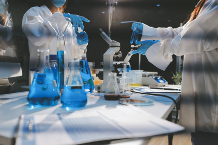 Researchers working in the clinical laboratoryの写真素材