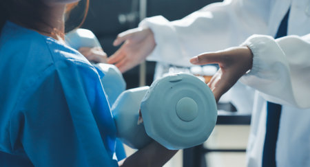 Physical therapist assisting a woman with dumbbell exerciseの写真素材