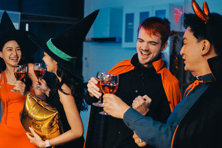 Joyful office Halloween party with coworkers in costumes, celebrating with drinks and laughter, fostering teamwork and festive spiritの写真素材