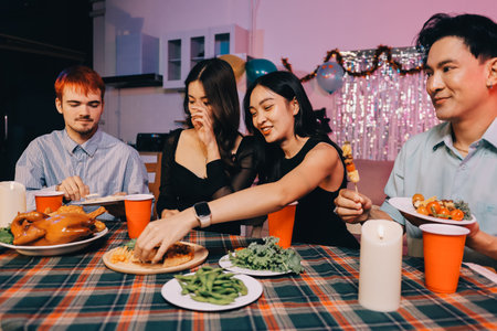 Diversity, dinner and group of people toast celebration together at party. Friends, happy and celebrate with food, wine and friendship for love, support and cheers champagne at business functionの写真素材