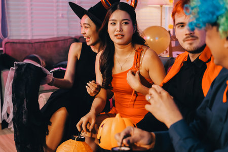 Joyful Halloween party with coworkers in costumes, celebrating with drinks and laughter, fostering teamwork and festive spiritの写真素材