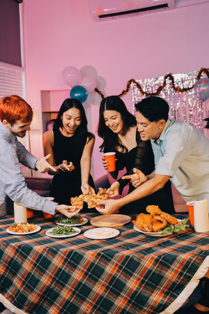 Diversity, dinner and group of people toast celebration together at party. Friends, happy and...