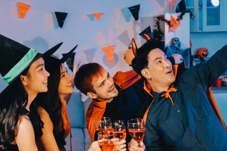 Joyful Halloween party with coworkers in costumes, celebrating with drinks and laughter, fostering teamwork and festive spiritの写真素材