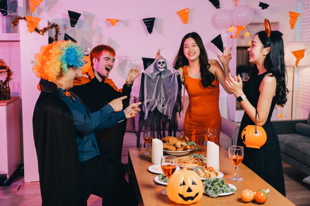 Joyful office Halloween party with coworkers in costumes, celebrating with drinks and laughter, fostering teamwork and festive spiritの写真素材