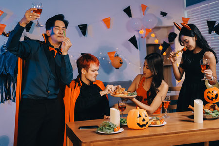 Joyful office Halloween party with coworkers in costumes, celebrating with drinks and laughter, fostering teamwork and festive spiritの写真素材