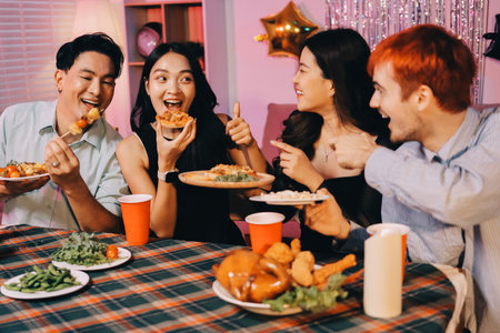 Diversity, dinner and group of people toast celebration together at party. Friends, happy and...
