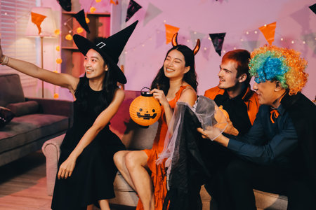 Joyful office Halloween party with coworkers in costumes, celebrating with drinks and laughter, fostering teamwork and festive spiritの写真素材