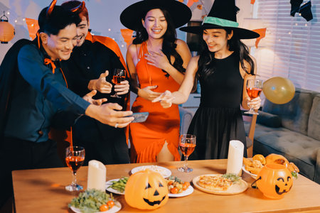Joyful office Halloween party with coworkers in costumes, celebrating with drinks and laughter, fostering teamwork and festive spiritの写真素材