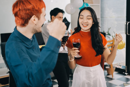 Diversity, dinner and group of people toast celebration together at party. Friends, happy and celebrate with food, wine and friendship for love, support and cheers champagne at business functionの写真素材