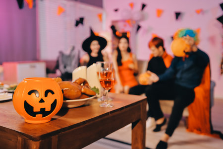 Joyful office Halloween party with coworkers in costumes, celebrating with drinks and laughter, fostering teamwork and festive spiritの写真素材