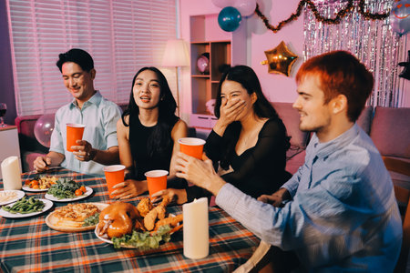 Diversity, dinner and group of people toast celebration together at party. Friends, happy and celebrate with food, wine and friendship for love, support and cheers champagne at business functionの写真素材