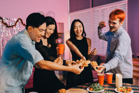 Diversity, dinner and group of people toast celebration together at party. Friends, happy and celebrate with food, wine and friendship for love, support and cheers champagne at business functionの写真素材