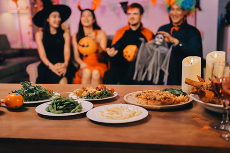 Joyful office Halloween party with coworkers in costumes, celebrating with drinks and laughter, fostering teamwork and festive spiritの写真素材