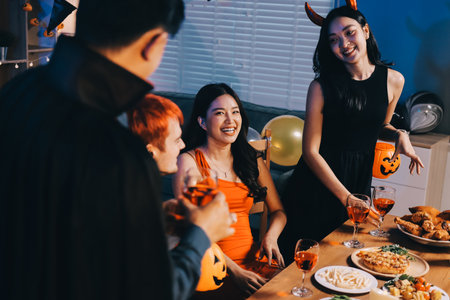 Joyful Halloween party with coworkers in costumes, celebrating with drinks and laughter, fostering teamwork and festive spiritの写真素材
