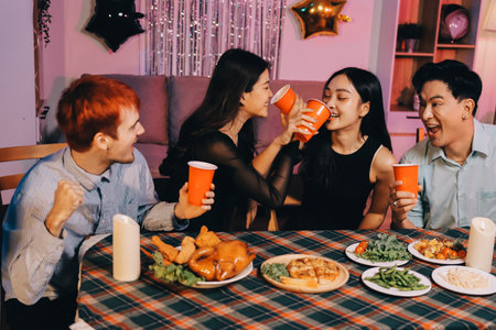 Diversity, dinner and group of people toast celebration together at party. Friends, happy and celebrate with food, wine and friendship for love, support and cheers champagne at business functionの写真素材