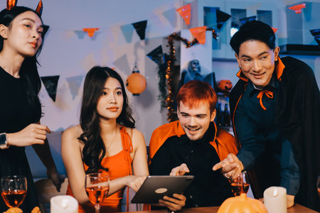 Joyful office Halloween party with coworkers in costumes, celebrating with drinks and laughter, fostering teamwork and festive spiritの写真素材