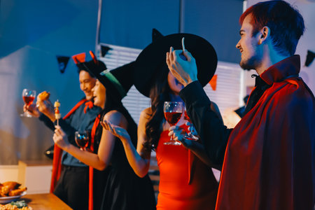 Joyful office Halloween party with coworkers in costumes, celebrating with drinks and laughter, fostering teamwork and festive spiritの写真素材