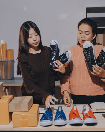 Asian woman describe selling on camera live broadcast on social network at home, Online selling on social media. Blogger woman influencer, SME retail store owner.の写真素材