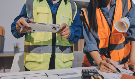 Architects and engineers working collaboratively on construction projectの写真素材