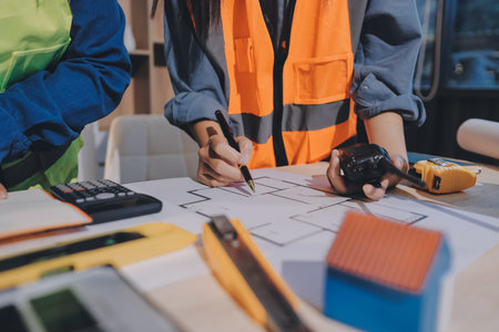 Architects and engineers working collaboratively on construction projectの写真素材