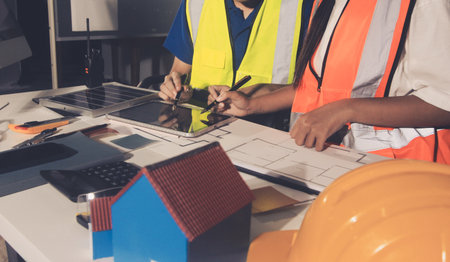 Closeup of team of industrial engineers meeting analyze machinery blueprints consult project on table in manufacturing factory. Working in manufacturing plant or production plant.の写真素材