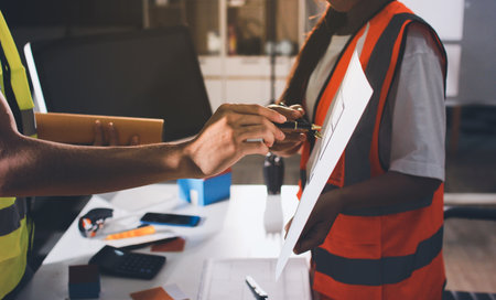 Closeup of team of industrial engineers meeting analyze machinery blueprints consult project on table in manufacturing factory. Working in manufacturing plant or production plant.の写真素材