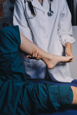 Rehabilitation therapy Professional male physiotherapists working in rehabilitation centers while treating male patients with leg and muscle pain.の写真素材