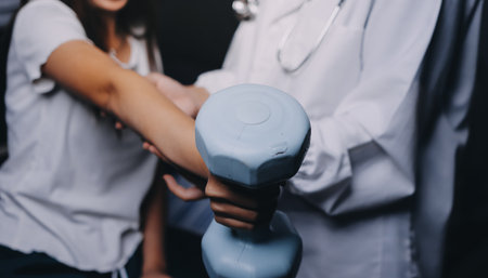 old woman training with physiotherapist using dumbbells at home therapist assisting senior woman with exercises in nursing home elderly patient using dumbbells with outstretched arms no logos no branの写真素材
