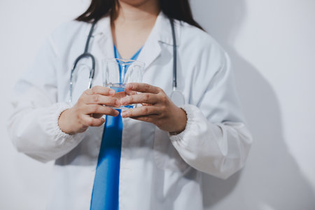 Portrait of Asian doctor woman standing holding a cup in white studio backgroundの写真素材