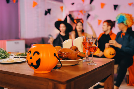 Joyful Halloween party with coworkers in costumes, celebrating with drinks and laughter, fostering teamwork and festive spiritの写真素材