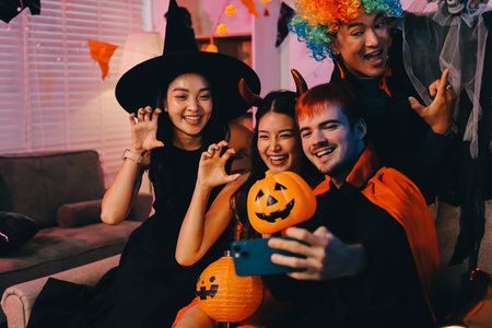 Joyful office Halloween party with coworkers in costumes, celebrating with drinks and laughter, fostering teamwork and festive spiritの写真素材