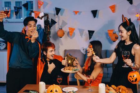 Joyful Halloween party with coworkers in costumes, celebrating with drinks and laughter, fostering teamwork and festive spiritの写真素材