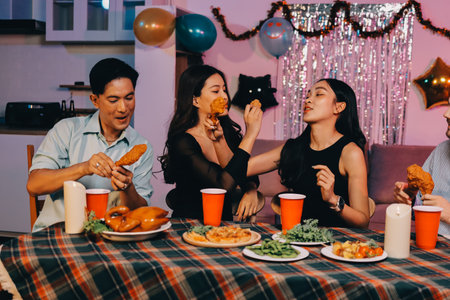 Diversity, dinner and group of people toast celebration together at party. Friends, happy and celebrate with food, wine and friendship for love, support and cheers champagne at business functionの写真素材