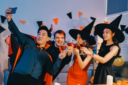 Joyful Halloween party with coworkers in costumes, celebrating with drinks and laughter, fostering teamwork and festive spiritの写真素材