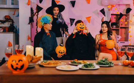 Joyful Halloween party with coworkers in costumes, celebrating with drinks and laughter, fostering...
