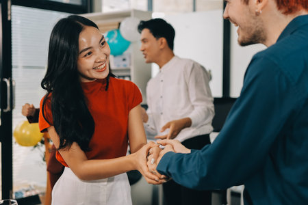 Diversity, dinner and group of people toast celebration together at party. Friends, happy and celebrate with food, wine and friendship for love, support and cheers champagne at business functionの写真素材