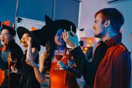 Joyful office Halloween party with coworkers in costumes, celebrating with drinks and laughter,...