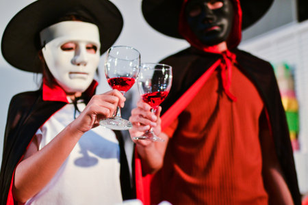 People having fun at Halloween partyの写真素材