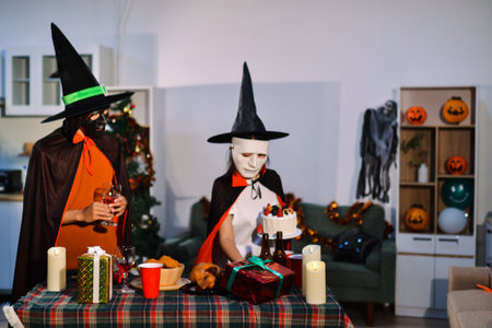 People having fun at Halloween partyの写真素材