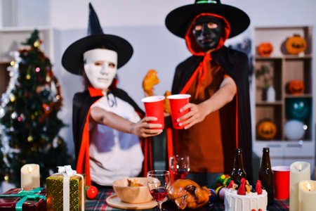 People having fun at Halloween partyの写真素材