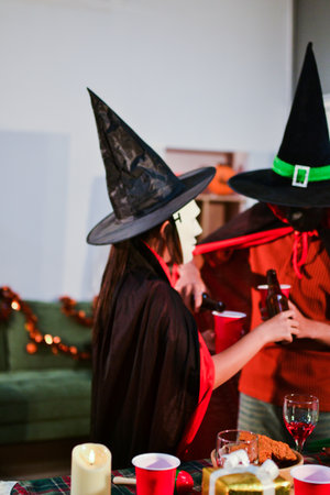 People having fun at Halloween partyの写真素材