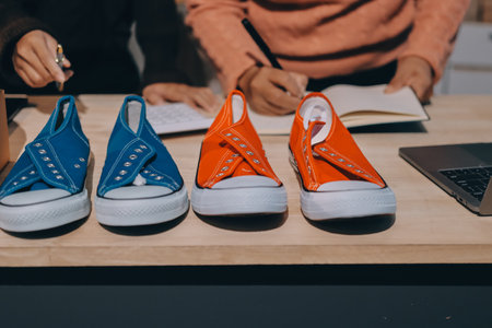 Asian woman selling clothes on camera live broadcast on social network at home. Online selling clothes on social media. Blogger woman influencer, SME retail store owner.の写真素材