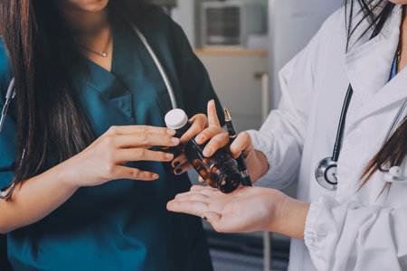 Group of doctors attending seminar in hospital lecture hall with senior physician giving medical presentation and professional training session on healthcare practicesの写真素材