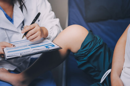 Rehabilitation therapy: Professional male physiotherapists working in rehabilitation centers while treating male patients with leg and muscle pain.の写真素材