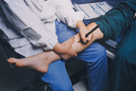 Rehabilitation therapy Professional male physiotherapists working in rehabilitation centers while treating male patients with leg and muscle pain.の写真素材