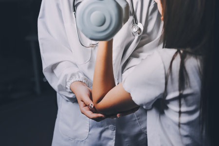 old woman training with physiotherapist using dumbbells at home therapist assisting senior woman with exercises in nursing home elderly patient using dumbbells with outstretched arms no logos no branの写真素材